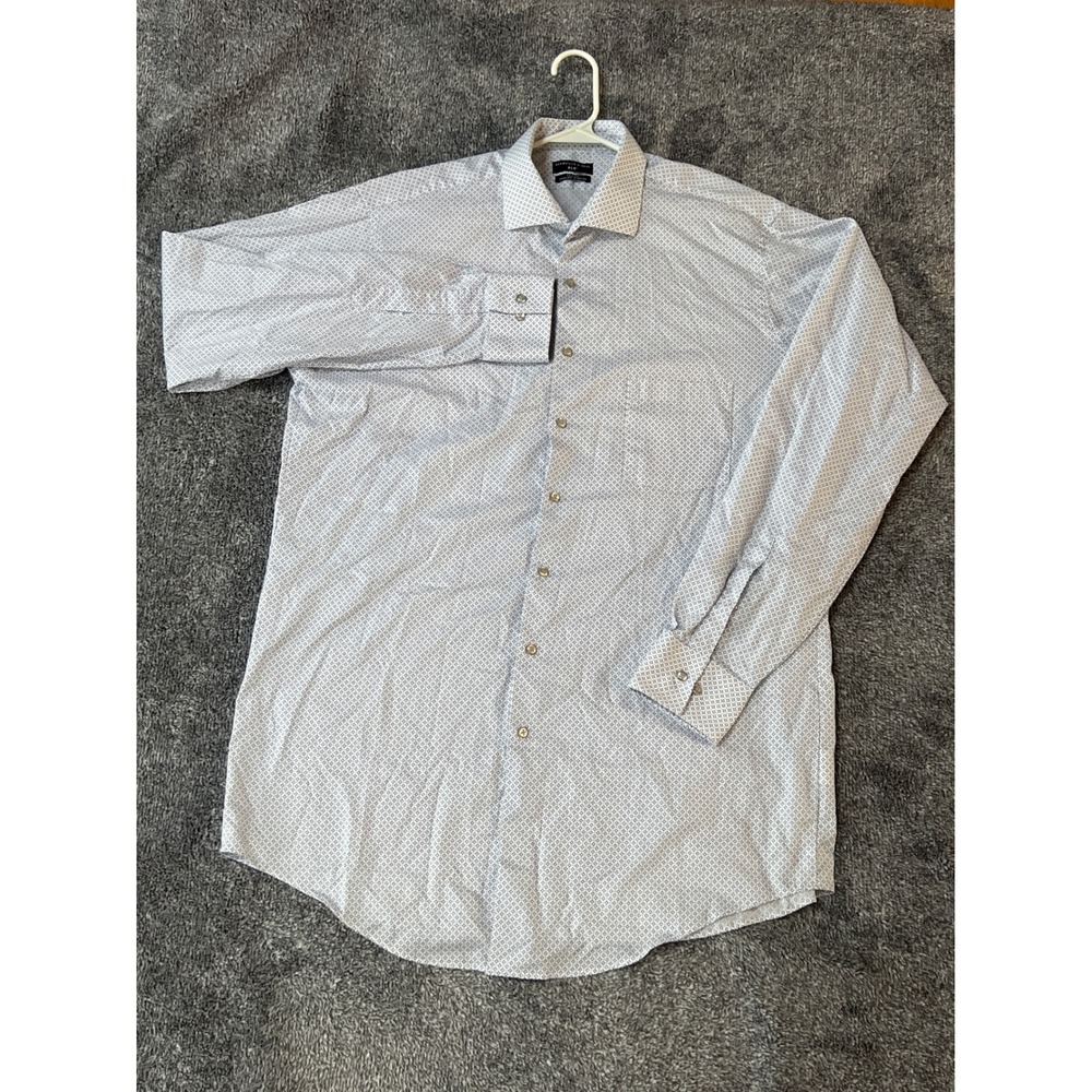 Shaquille O'Neal XLG TallFit DressShirt Blue White Geometric CoolingStretch 16.5